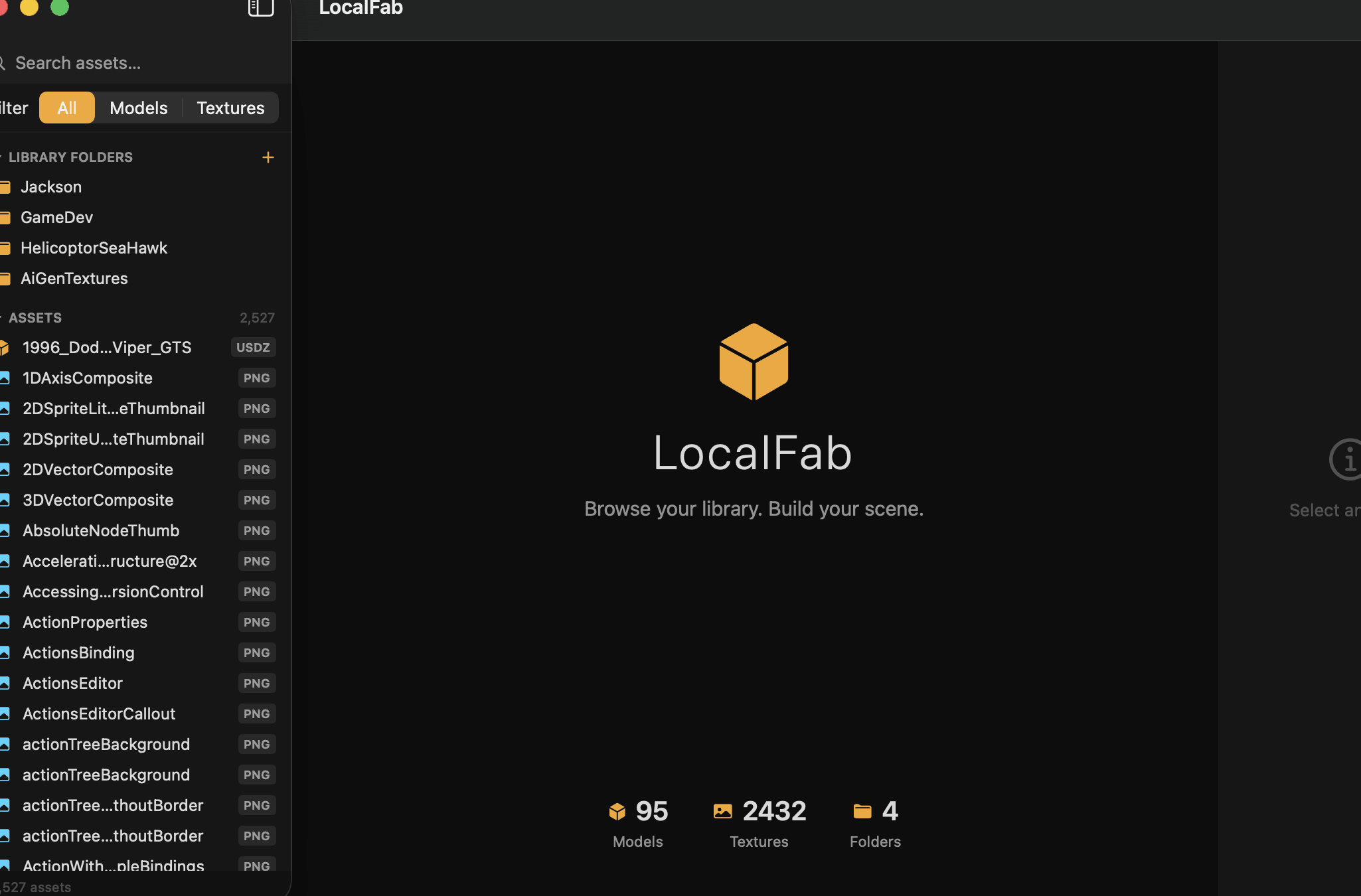 LocalFab visual 3D asset library with indexed folders, search, filters, and model thumbnails