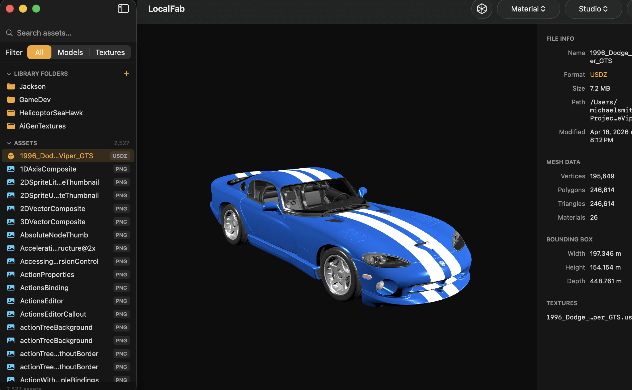 LocalFab interactive 3D model viewer with a vehicle model and mesh metadata