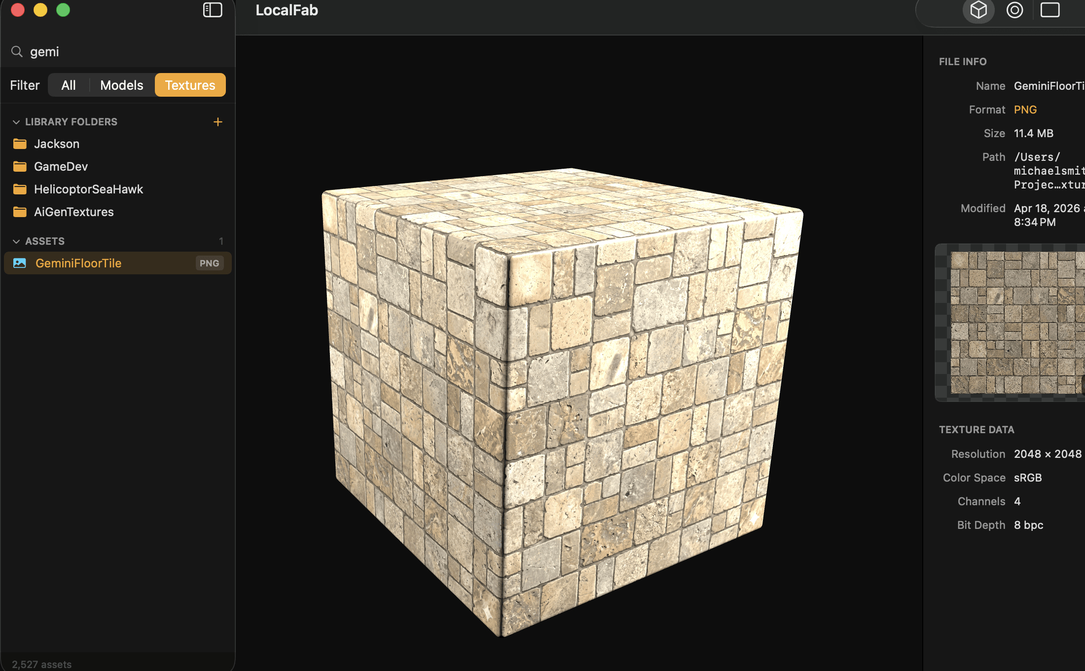 LocalFab texture browser previewing a material on a 3D cube with technical metadata